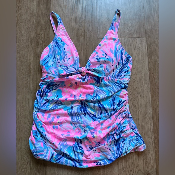 Lilly Pulitzer Pink Blue Floral Beachy Tankini Swimsuit 6 Adjustable Straps - Picture 5 of 7